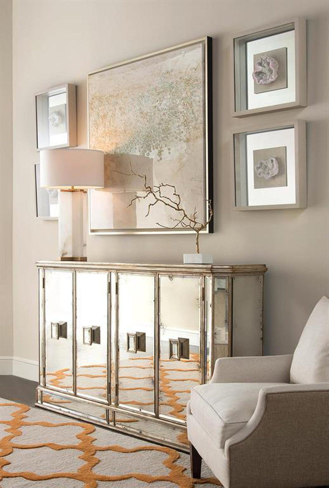 John Richard Juno Foxed Mirror Four Door Credenza